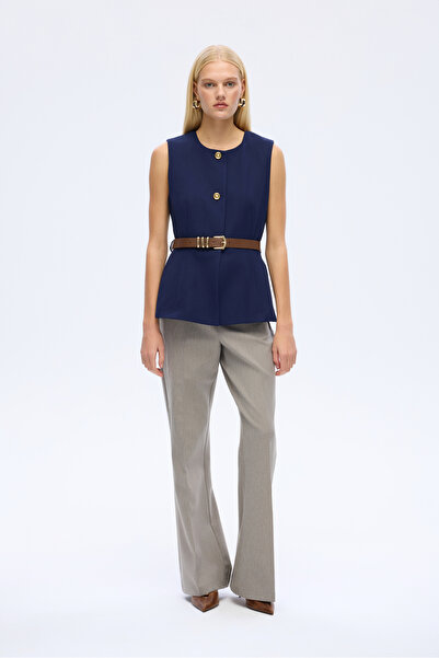 Quzu Buttoned Sleeveless Vest with Belt Accessories Navy Blue