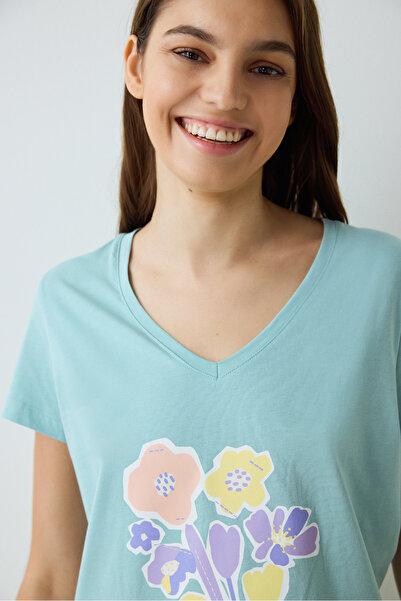 Penti Mint Yeşili With Love Çiçek Desenli Pamuklu V Yaka Kısa Kollu Pijama Takımı