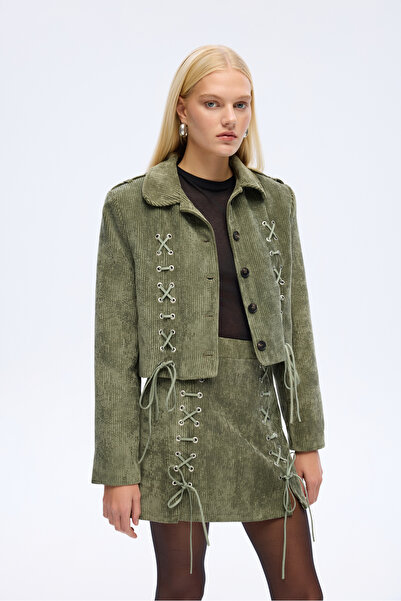 Quzu Bağcıklı Kadife Fitilli Mini Etek Haki