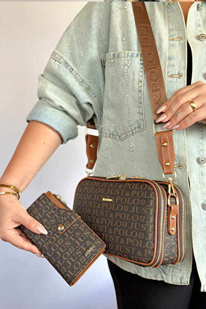 Just Polo الموسم الجديد بني - 4 أقسام، حقيبة كتف نسائية بحزام عريض