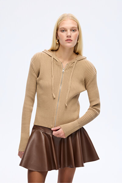 Quzu Tricotaj cu glugă cu fermoar Cardigan Mink