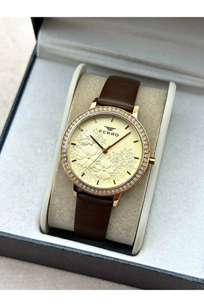 FERRO Brown Leather Cord Women's Wristwatch Fl21242B-O 3Atm Water Resistant 2 Years Warranty Giftpacked