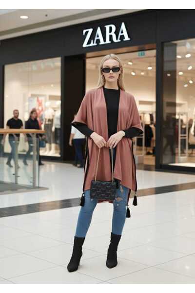 QLAY oversized Γυναικεία λεπτά πλεκτά - Πόντσο με φούντες και αντίθεση ριγέ