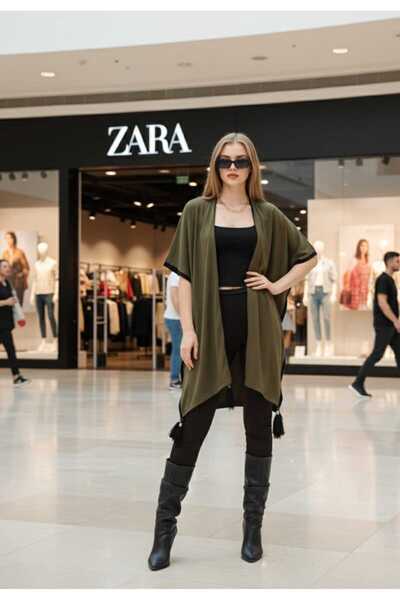 QLAY oversized Γυναικεία λεπτά πλεκτά - Πόντσο με φούντες και αντίθεση ριγέ