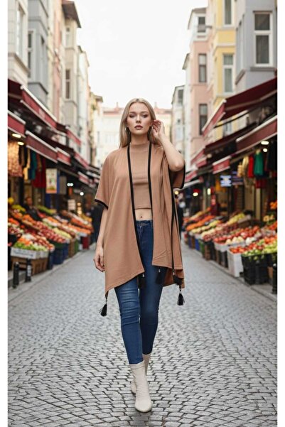 QLAY Oversize Women's Thin Knitwear - Contrast Poncho with Tassels and Stripe Detail