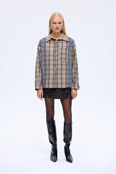 Quzu Renk Bloklu Ekose Oversize Gömlek Bej