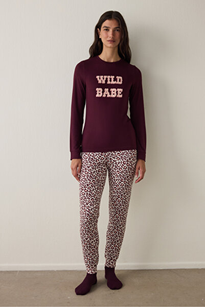 Penti Bordo Leopar Desenli Pijama Altı