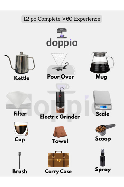DOPPİO DOPPIO 12 Pcs V60 Pour Over Electric Coffee Maker with Electric Grinder Dripper Set