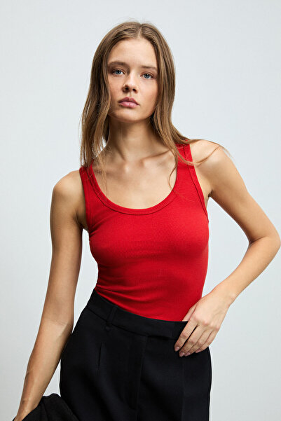 ETHIQUET Lillesol Women's Ribbed Look Slim Fit Bodycon Crew Neck Cotton Basic Red Tank Top