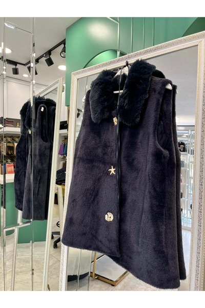 MERAM BUTİK Vatkatex Fur Angora Vest - Navy Blue - 2