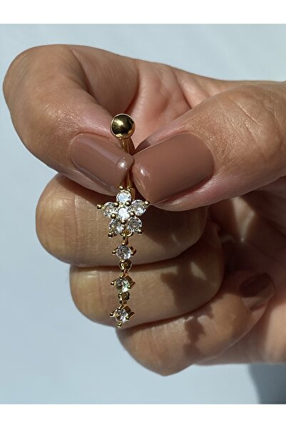 kurukafagift Göbek Çelik Piercing Uzun Sallantılı Taşlı Papatya Model