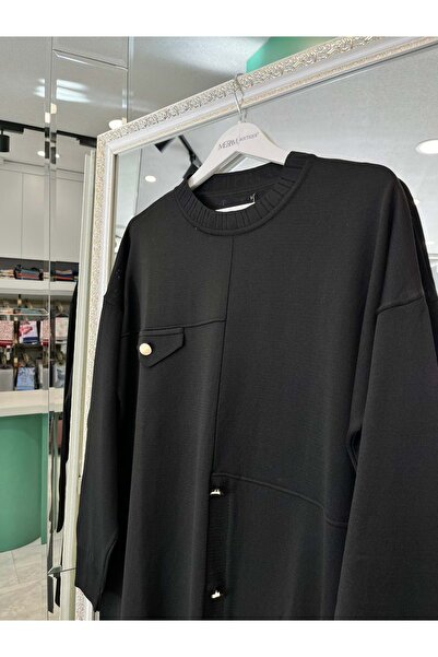 MERAM BUTİK Adn Thin Knit Tunic with Button Detail - Black - 1