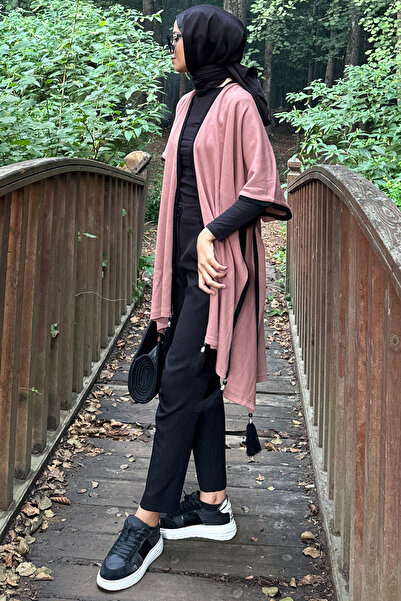 QLAY oversized Γυναικεία λεπτά πλεκτά - Πόντσο με φούντες και αντίθεση ριγέ