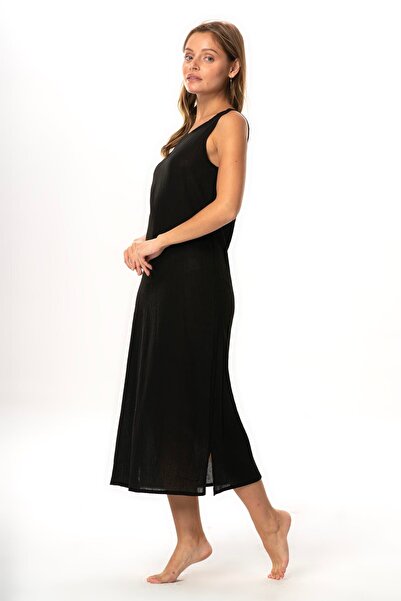 Eliş Şile Bezi Βαμβακερό μεσοφόρι Şile υφασμάτινο μακρύ φόρεμα με χοντρό αθλητικό λουράκι μαύρο μαύρο