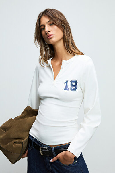 GRIMELANGE Matrush Women's Flexible and Soft Fabric Shoulder Padded Print Detailed Buttoned Long Sleeve White Blouse