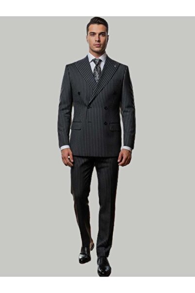 HERMOSE Modern Fit Kruvaze Çizgili Takım Elbise