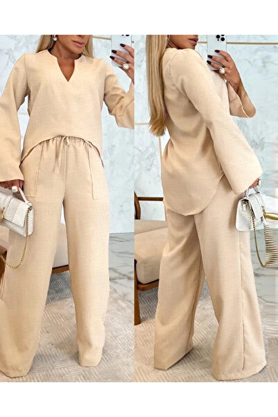 goopall Women's Long Sleeve V-Neck Linen Blouse Lace-Up Pants Two-Piece Set