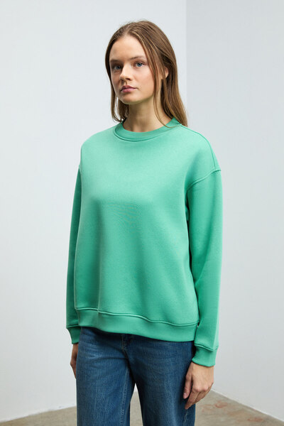 GRIMELANGE Susana Women's Crew Neck Fleece Lined Oversize Fit Basic Mint Green Sweatshirt