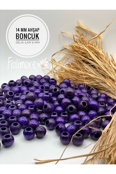 Fiolimore 14 мм лилави дървени мъниста (50 гр, 47 броя) с широк отвор 6 мм, з...
