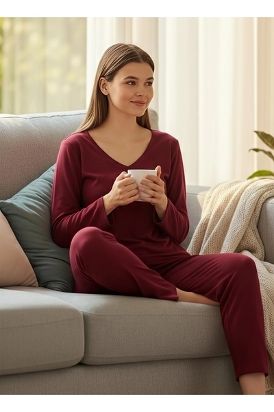 ÇAĞ MODA Viscose Knitted V-Neck Long Sleeve Women's Pajamas Set