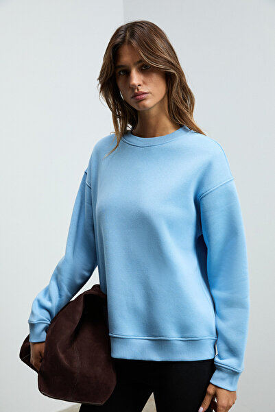 GRIMELANGE Susana Women's Crew Neck Fleece Lined Oversize Fit Basic Blue Sweatshirt