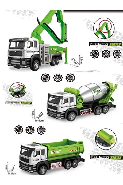 berattoys 20cm metal iş makinaları 3lü set beton pompası beton mikseri oyuncak kamyon iş araçları