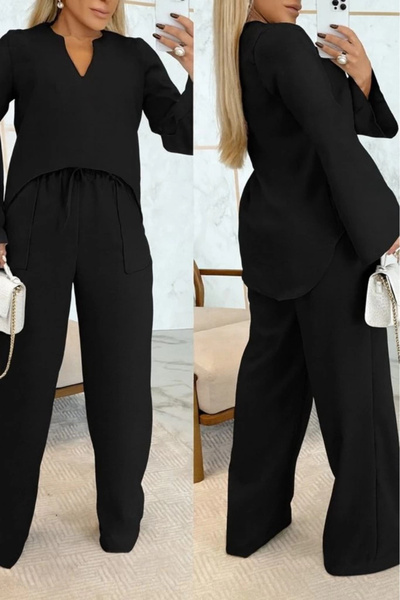 Modayakamoz Γυναικείο μακρυμάνικο λινό παντελόνι με λαιμόκοψη σε σχήμα V με κορδόνια διπλό σετ