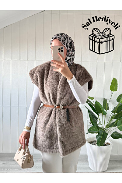 Mira İpek Γούνινο γιλέκο με ζώνη Γυναικείο γιλέκο με ζώνη με σάλι Δώρο