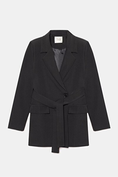 Saade Siyah Kuşaklı Cep Detaylı Blazer Dokuma Ceket Siyah 38