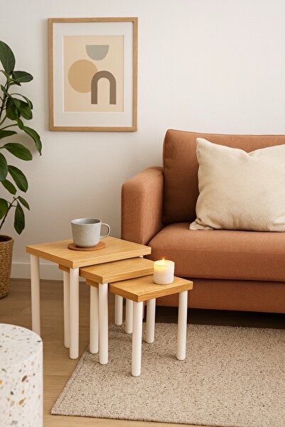 FURAX HOME Modern 3’lü Zigon Sehpa Seti – Meşe-Krem | Ahşap, Şık ve Dekoratif...