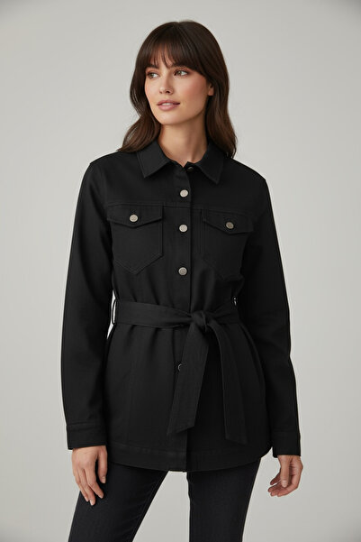 Pitti Women's Black Gabardine Unlined Belted Jacket 60354