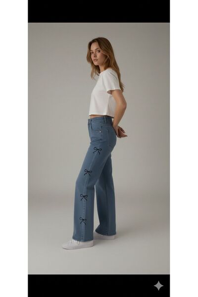 ELONİ PANTALONI DE DENIM LICHRA ELASTIC CU PIELE LĂTĂ CU BRODAT PAPION PENTRU FEMEI