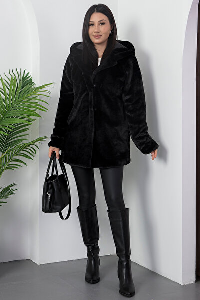 PULLIMM Women's Hooded Plush Coat Nvy02