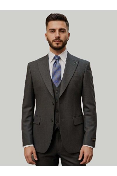 HERMOSE Koyu Kahverengi Modern Fit Yelekli Erkek Takım Elbise