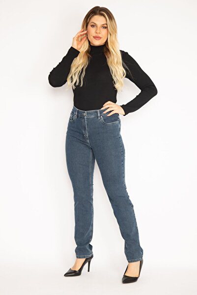 Şans Dámské džínové kalhoty Plus Size Navy Blue s 5 kapsami 65n35152