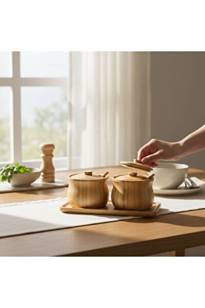 ANJEAHOME Dorra Set of 2 Bamboo Spice Jars - 400 ml - with Bamboo Stand | Includes Spoon and Lid, Kitchen and Tableware