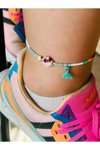 ACAR TAKI Blue Tassel, Middle Beaded Anklet 23+3 cm Acr5871