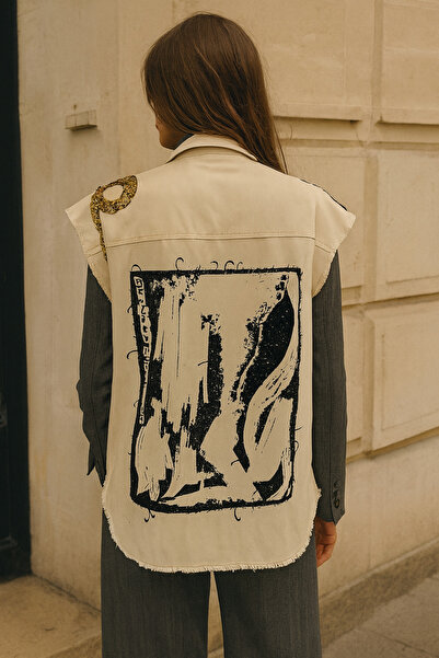 GZ Design Gold And Black Embroidered Cream Color Oversize Jean Vest