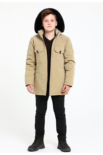 Bilen Erkek Çocuk Kız Çocuk Fermuar Kapama Kapüşonu Kürklü İçi Kürklü Çift Kapaklı Cepli Su Geçirmez Mont