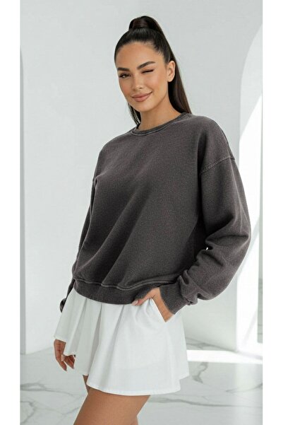 Mood Lab Taş Yıkama Eskitme Efektli Back to School Siyah Sweatshirt