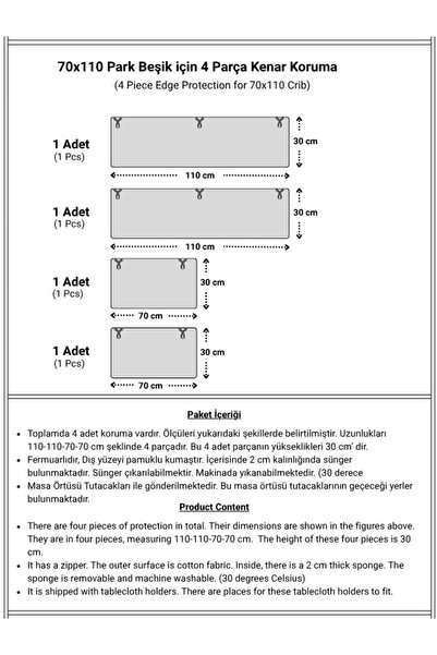 Bebek Özel Baby Child Crib Edge Protection 70X110 for Park Crib (4 Pieces) White Color