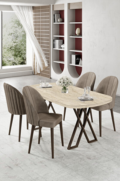 Canisa Kaye Serisi Mdf 90x168 Traverten Mutfak Masası Takımı 4 Cappucino Sandalye