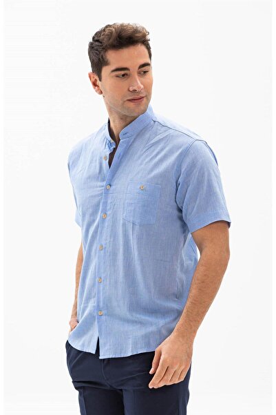 Eliş Şile Bezi Синя 3032 Короткий рукав Шіле тканина Старомодний комір Один кишеня Чоловіча літня сорочка