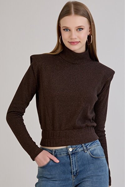 Sortie Women's Elastic Waist Midi Length Shoulder Pad Pack Brown Glitter Knitwear