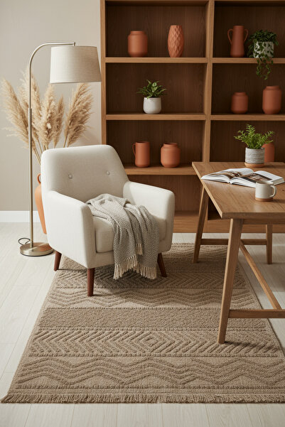 Cool Halı Mirage Kahverengi Halı Bukle Dokuma Kaymaz Yıkanabilir Halı Geometrik Desenli Oturma Odası Halısı