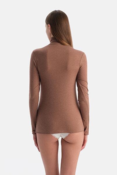 Dagi Mocha Modal Cashmere High Neck Long Sleeve Top