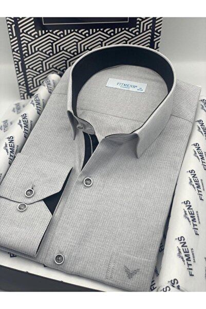 Fitmens Klasik Uzun Kol Keten Cotton Hediye Kutulu Erkek Gömlek FS-001261 - Açık Gri