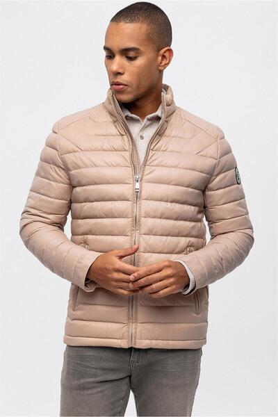 Back And Bond Beige Regular Fit Waterproof Quilted Stand Collar Puffer Jacket