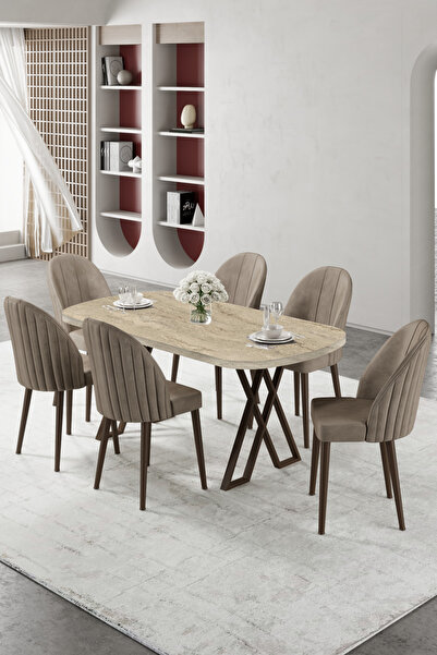 Canisa Kaye Serisi Mdf 90x168 Traverten Mutfak Masası Takımı 6 Cappucino Sand...