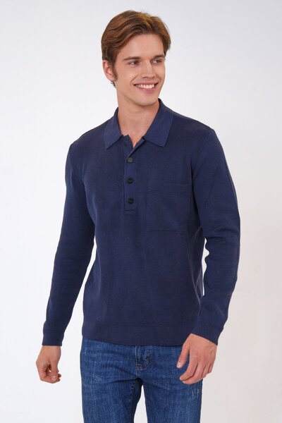 Back And Bond Navy Blue Regular Fit Polo Collar Pocket Knitwear